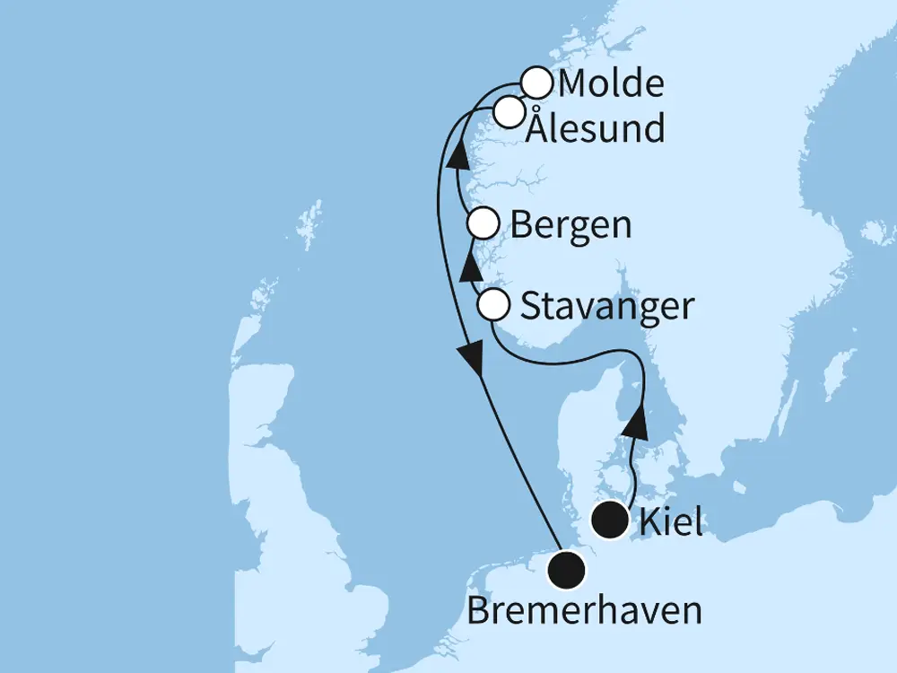 Mein Schiff 3 MEER SALE Norwegens Fjordwelten - ab Kiel/ bis Bremerhaven - Routenbild
